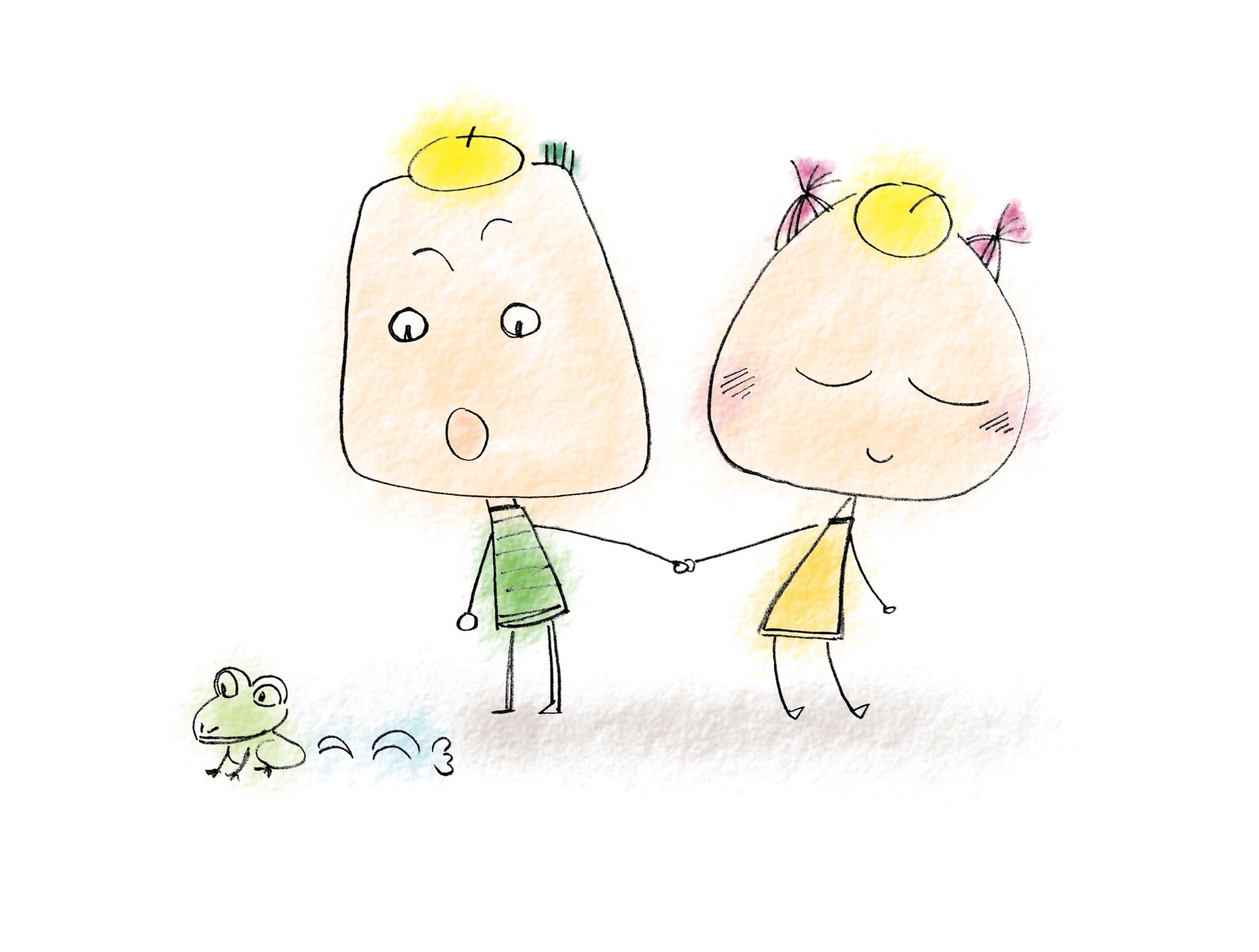 江口真代のpdf絵本「カリガリくんとクルクリちゃん」 「カエルが行く」の絵