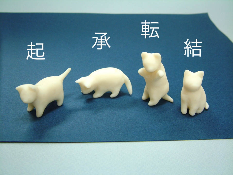 起承転結喜怒哀楽で出来たネコオブジェ「Cat's mate」のコンセプト画像、起承転結