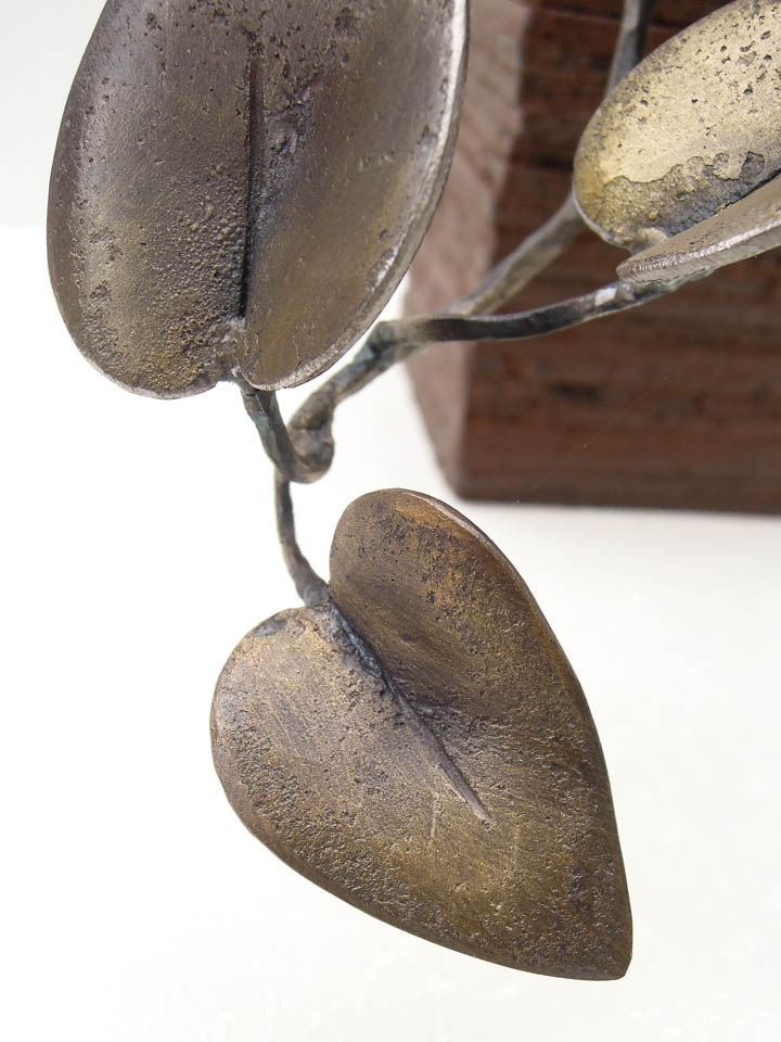 蔓(カズラ)をモチーフにした鉄の彫刻、アートオブジェです。 ツルが上から下へ垂れながら葉を光に向かって持ち上げる様子を、躍動感ある姿として表現しました。 一枚はアクセントとして黒みのある仕上がりとし、他は真鍮ブラシで磨き込み黄色みを帯びた控えめが光沢があります。 厚みのある鉄板を重ねたベースからツルがこぼれ出ている姿です。 葉の表情。