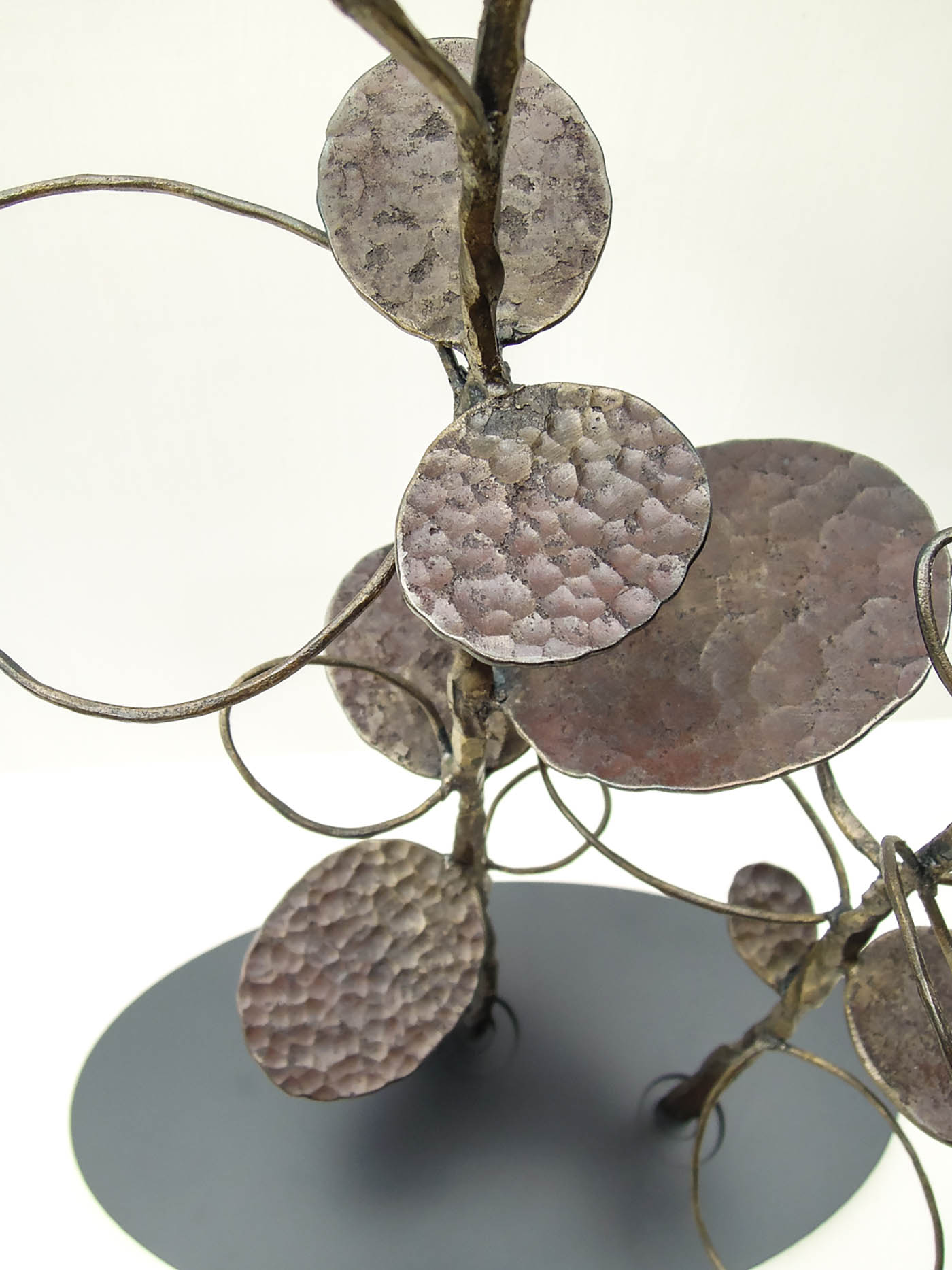 グリーンドラムという植物をモチーフにデザインした鉄のオブジェ、彫刻作品です。 葉の大きさに大小をつけて幾何学的に散らしました。葉の表情。