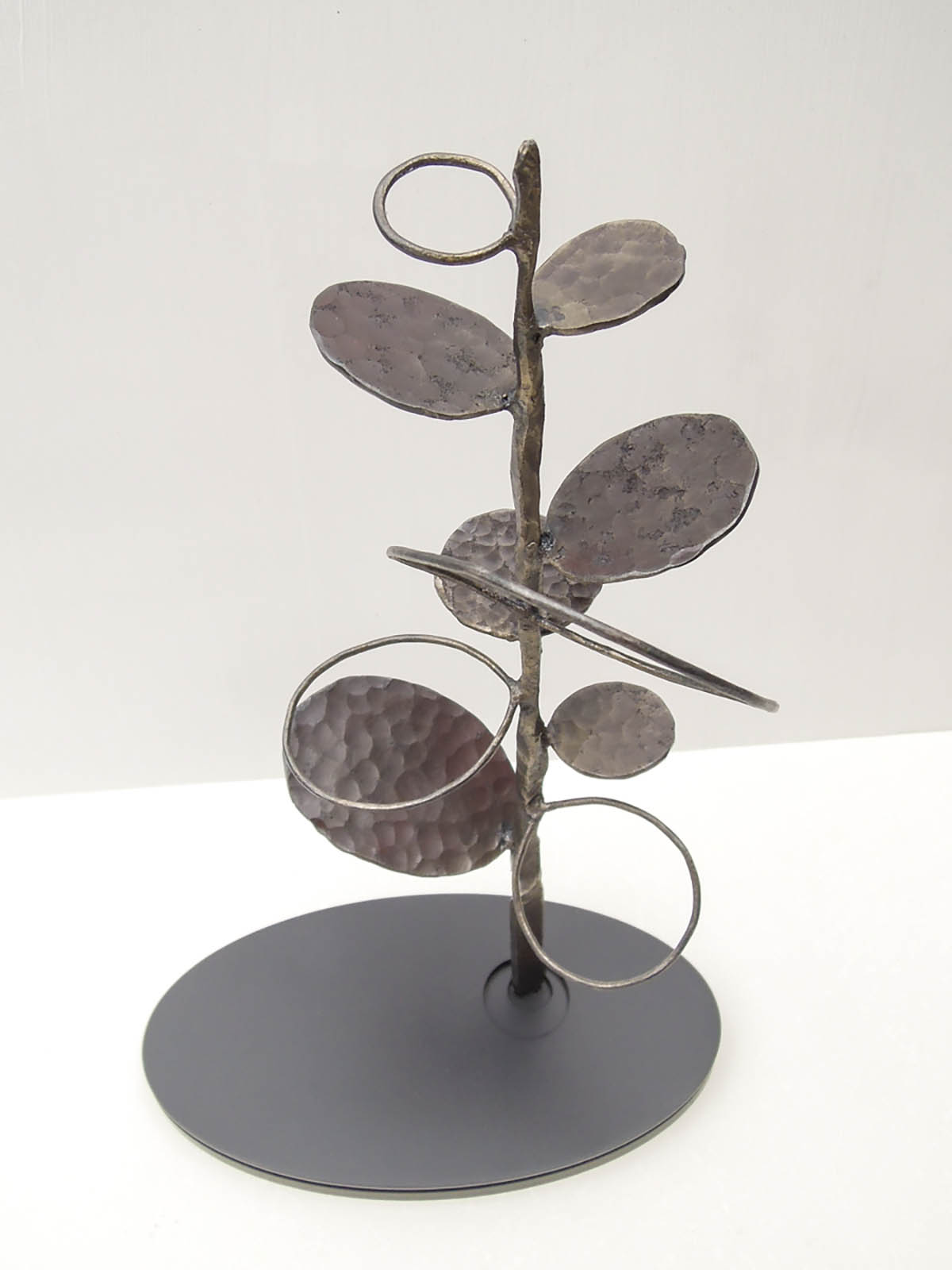 グリーンドラムという植物をモチーフにデザインした鉄のオブジェ、彫刻作品です。 葉の大きさに大小をつけて幾何学的に散らしました。 枝にまとめてみたら回転する風を感じたので、「つむじかぜ」とつけました。 結果的には実際の姿とは大分違う印象に仕上がりました。