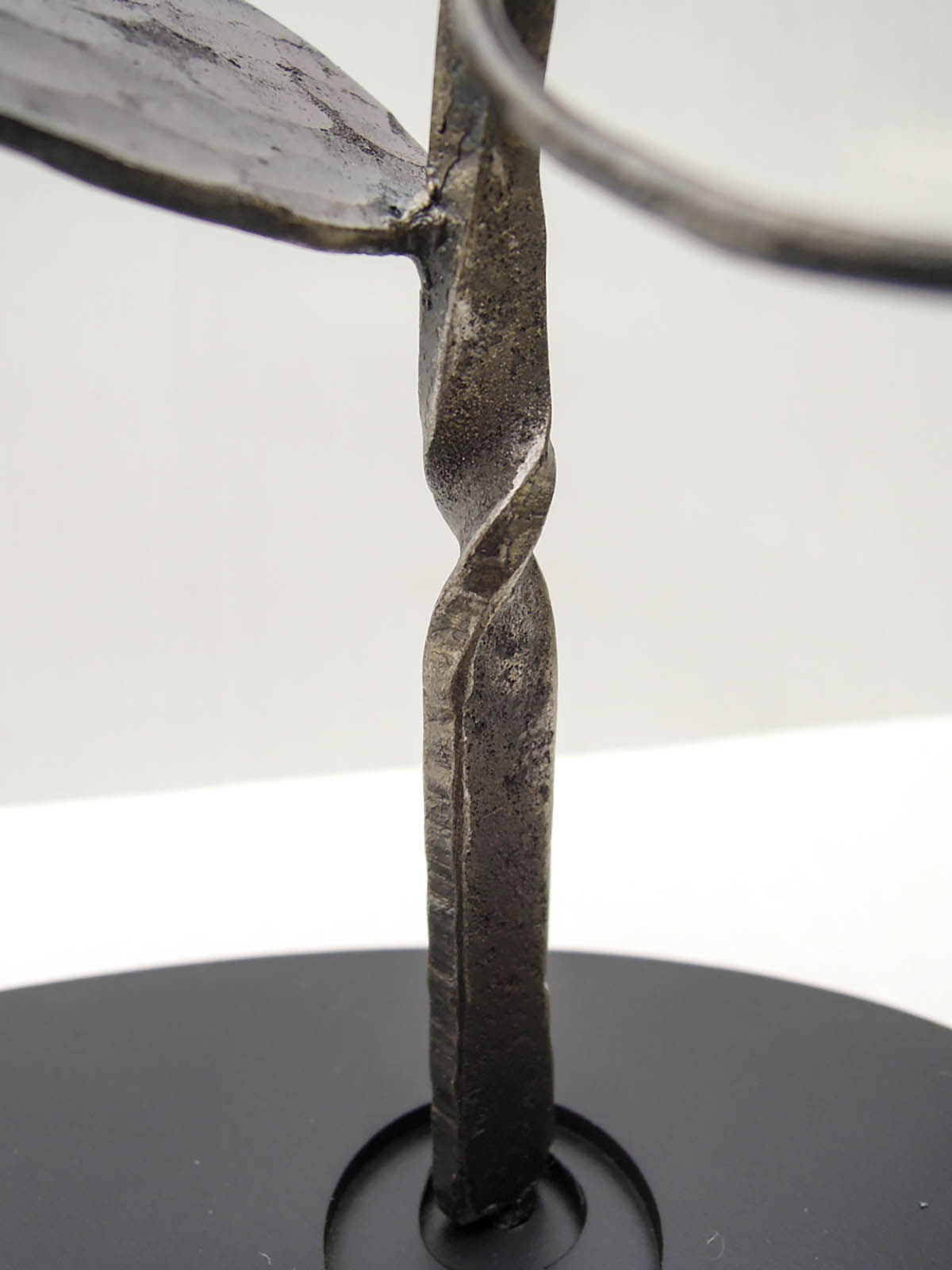 グリーンドラムという植物をモチーフにデザインした鉄のオブジェ、彫刻作品です。 葉の大きさに大小をつけて幾何学的に散らしました。 枝にまとめてみたら回転する風を感じたので、「つむじかぜ」とつけました。 結果的には実際の姿とは大分違う印象に仕上がりました。茎の表現。